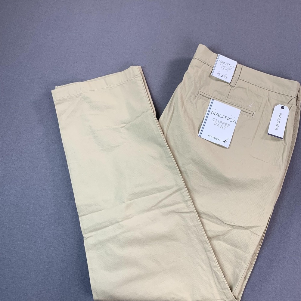 NEW Nautica Clipper Pant Chino Pants Mens 42x32 Beige Classic Fit Cotton *Flaw*